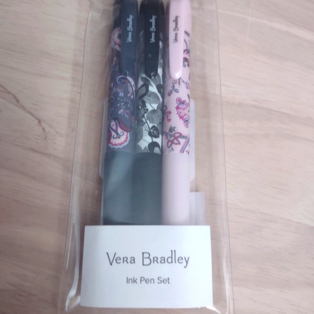 Vera Bradley Quilt Print Ink Pen Set of 3 Pink Gray Black Cottagecore Gift